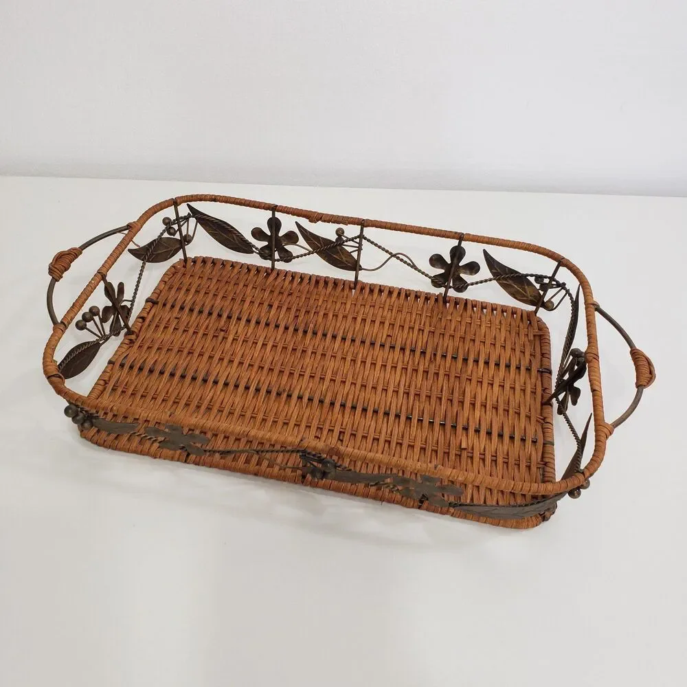 Beautiful Rectangle Weaved Wicker and Metal 'Leaves' Tray Basket (10 x 17)